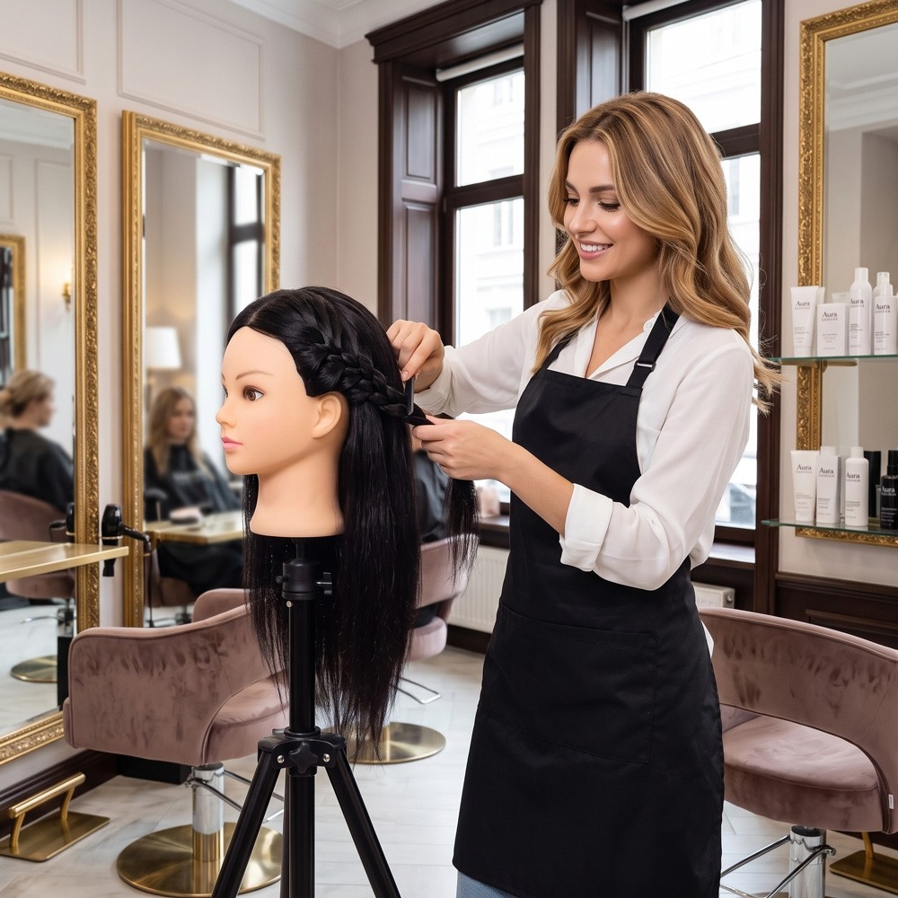 Melonika Kuaför Eğitim Mankeni / %100 Gerçek + Masa Aparatı / Doğal Renk