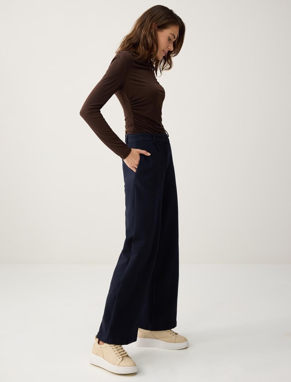 Jimmy Key Lacivert Bol Paça Yüksek Bel Örme Uzun Pantolon görsel 3