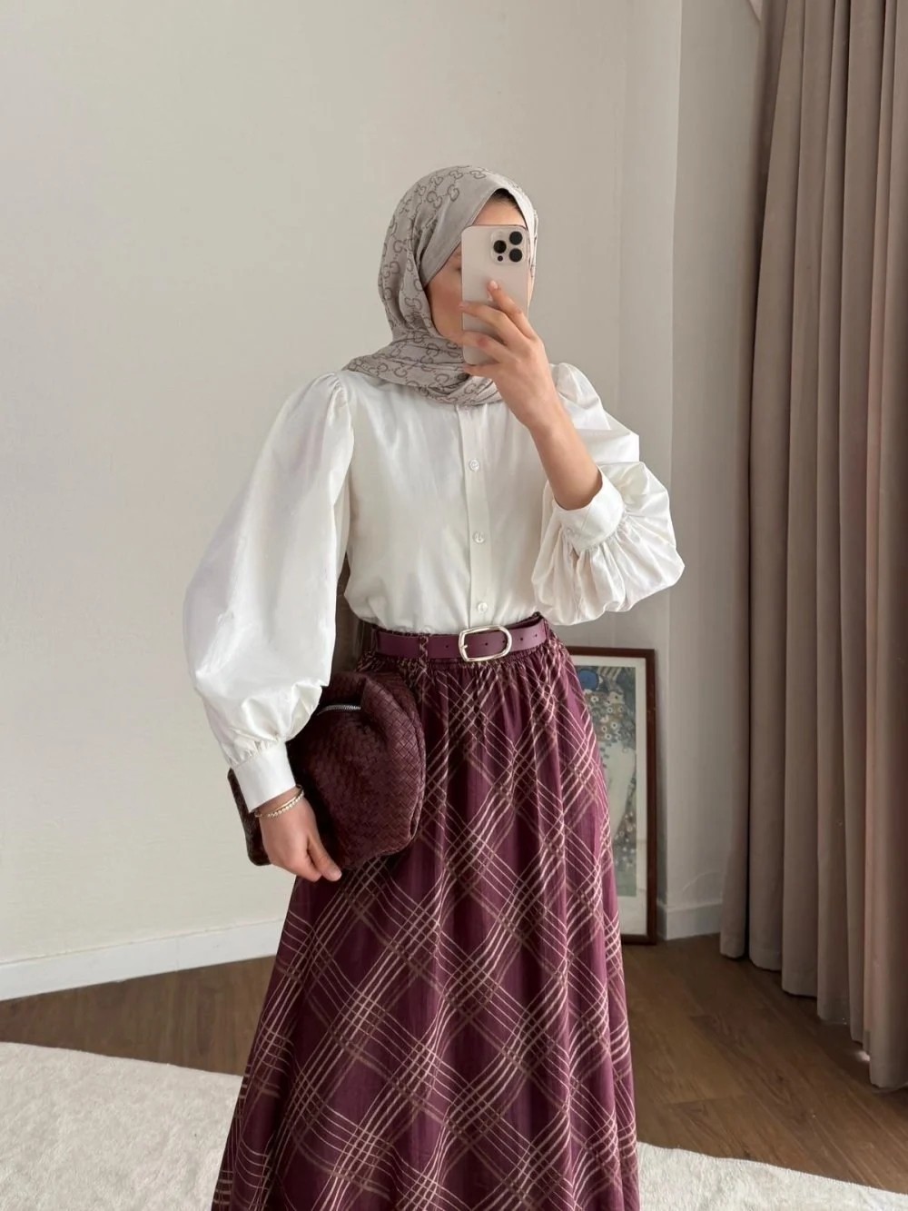 Miraydin Butik Desenli ve Kemerli Şifon Etek - Koyu Kahverengi görsel 3