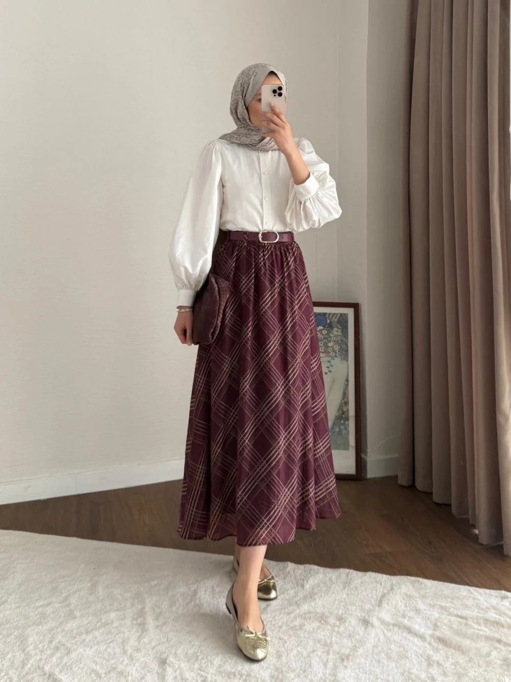 Miraydin Butik Desenli ve Kemerli Şifon Etek - Koyu Kahverengi görsel 4