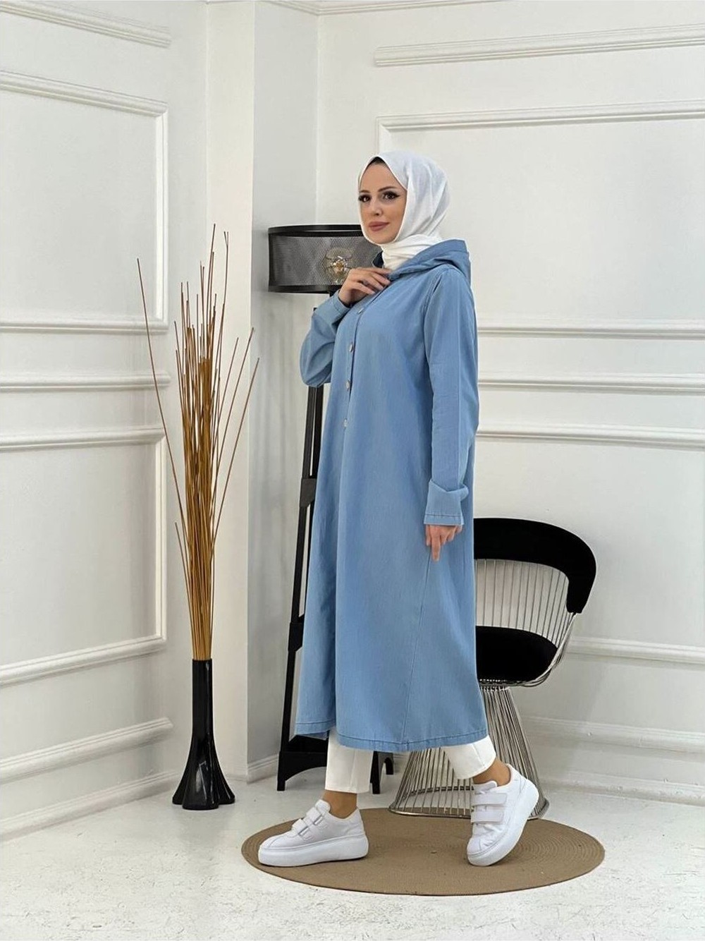 Vellichor Mavi Kadın Kapşonlu Kap Denim Pardesü Doğal Kumaşlı Şık Tasarım görsel 7