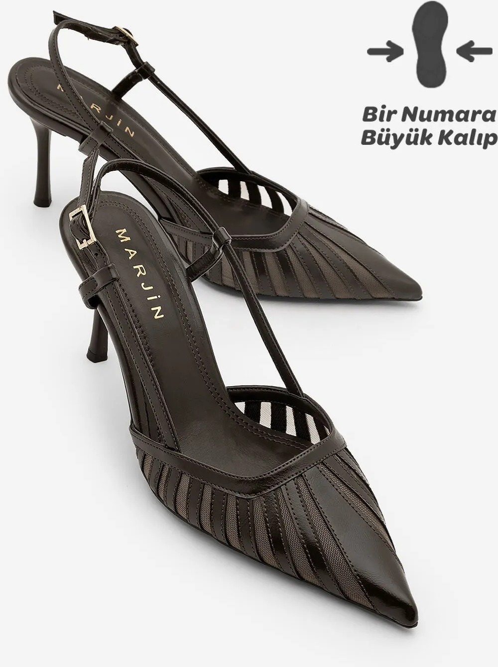 Marjin Kadın Stiletto Sivri Burun Arkadan Bantlı Şerit Detaylı Fileli Klasik Topuklu Ayakkabı Sivon Kahve