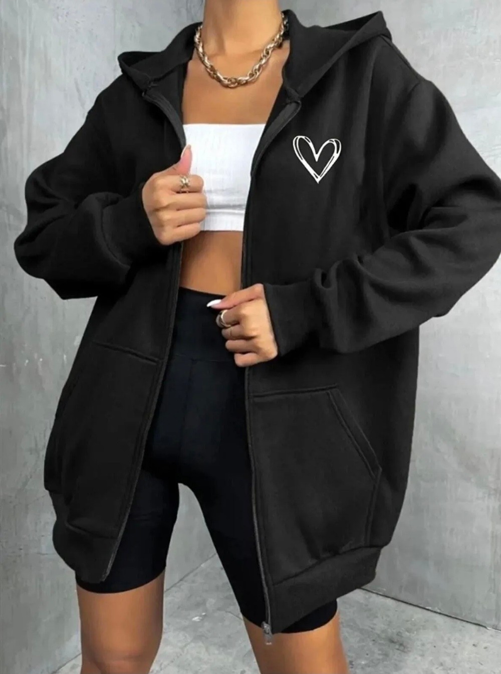 Amor Man Büyük Beden Özel Tasarım Kapüşonlu Tam Fermuarlı Kalp Baskılı Oversize Kışlık Kadın Sweatshırt