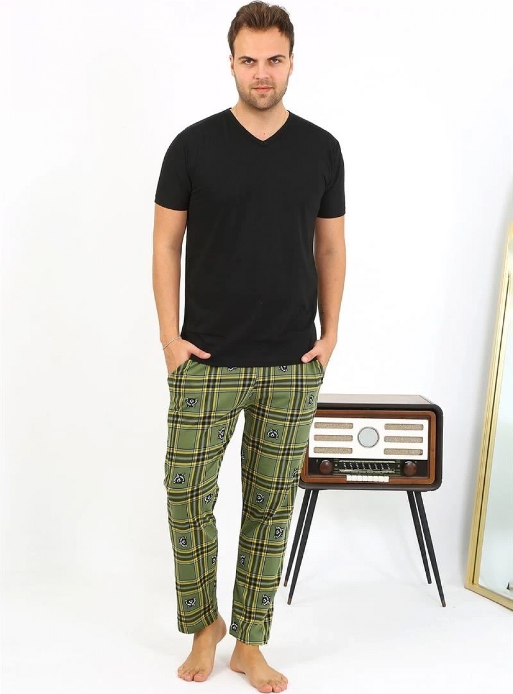 Marsilyan Erkek Ekoseli Desen Penye Tek Alt Pijama Haki görsel 7
