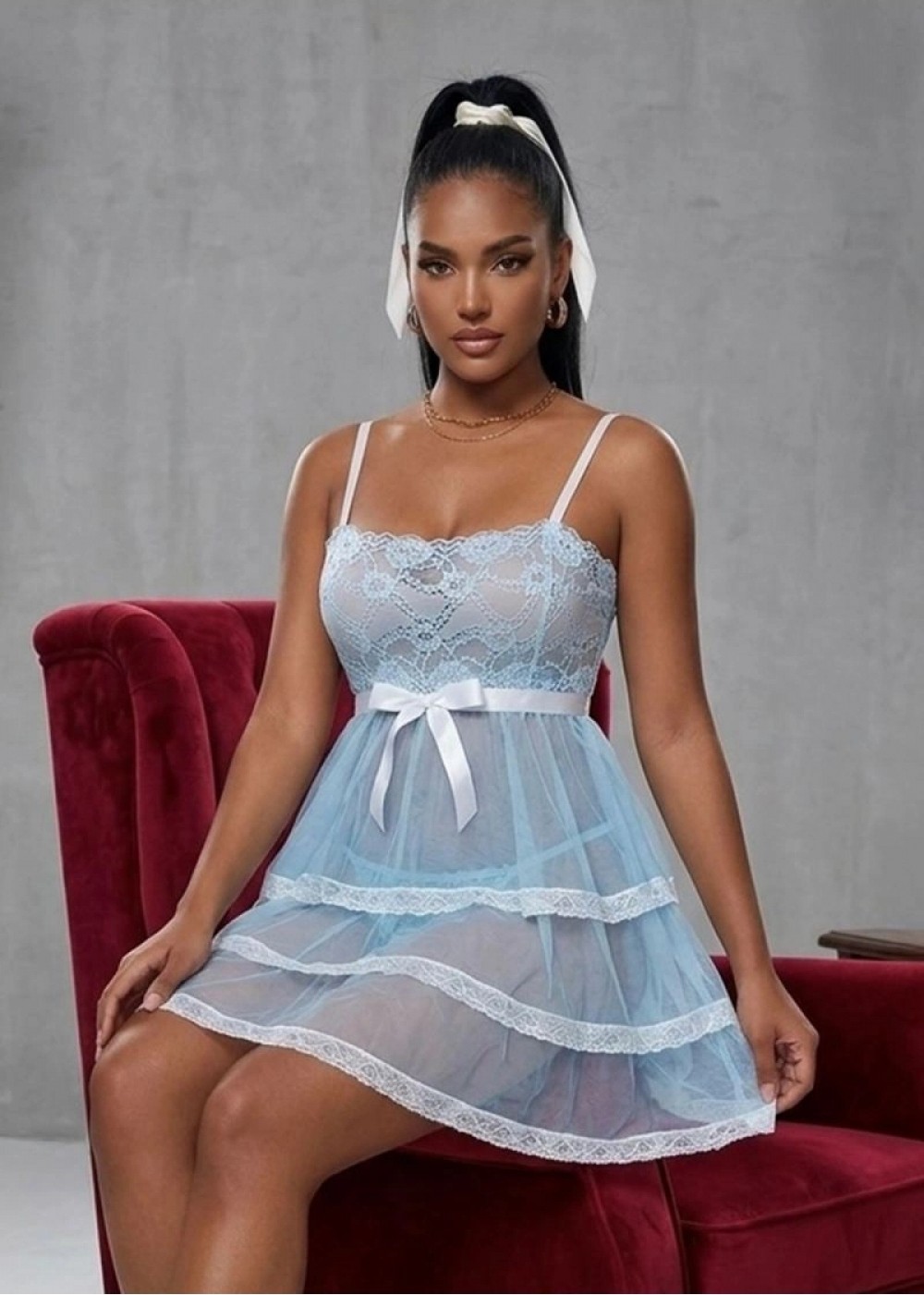 Pileli Store Açık Mavi Beyaz Dantelli Gecelik - 686