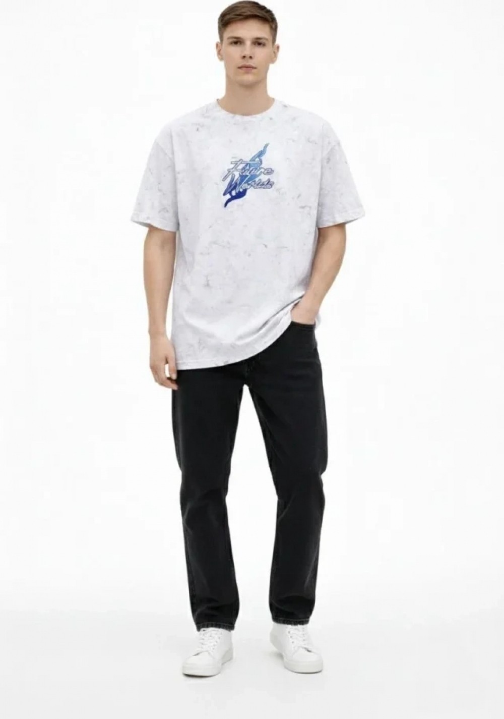 Pileli Store Erkek Asit Yıkamalı Oversize Tişört Future Worlds Baskılı Bisiklet Yaka Kısa Kollu Streetwear %100 Pamuk Street Style T-Shirt - Beyaz