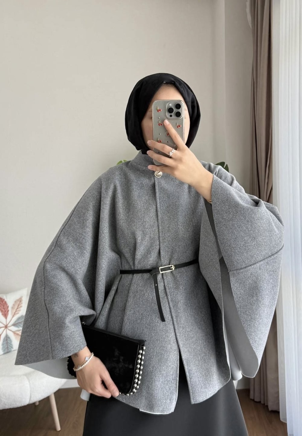 RFK Butik Kadın Oversize Kemerli Kaşe Panço - Gri