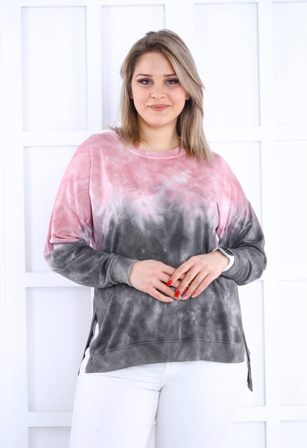 Sea Moda Pembe-Gri Batikli Yanları Yırtmaçlı Sweat görsel 4