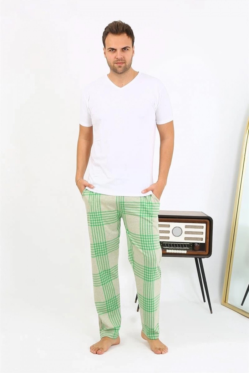 Marsilyan Erkek Ekoseli Desen Penye Tek Alt Pijama Haki