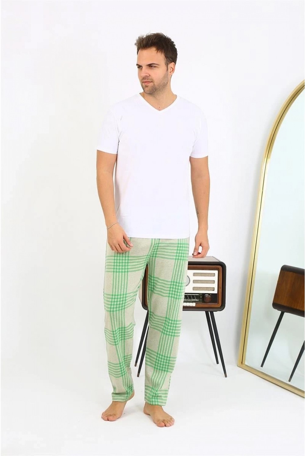 Marsilyan Erkek Ekoseli Desen Penye Tek Alt Pijama Haki görsel 2