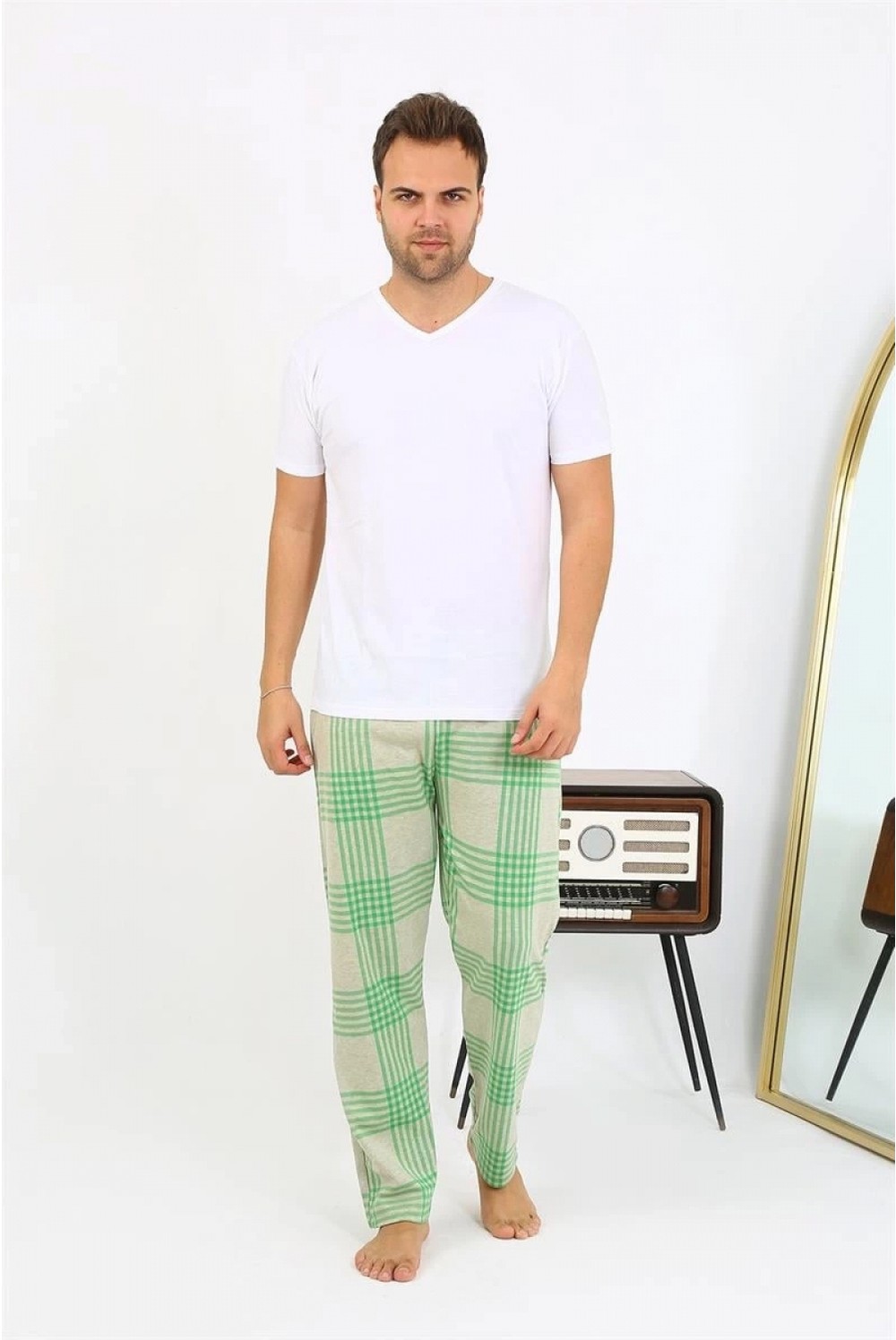 Marsilyan Erkek Ekoseli Desen Penye Tek Alt Pijama Haki görsel 3