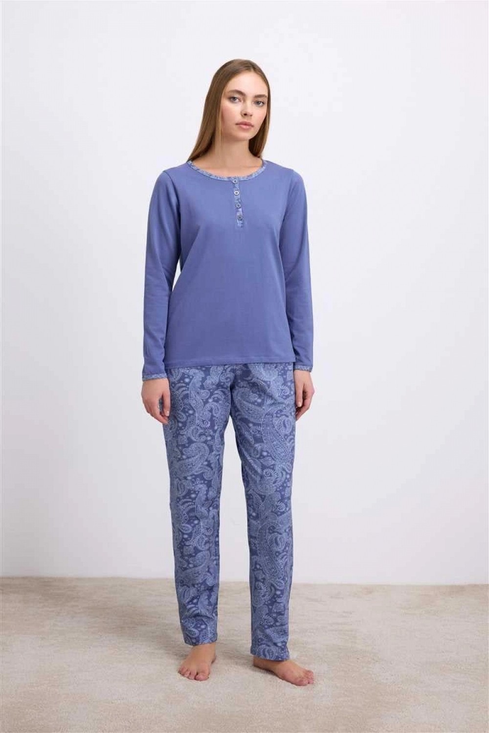 MiraLive %95 Pamuklu Uzun Kollu T-Shirt ve Desenli Pantolon Pijama Takımı