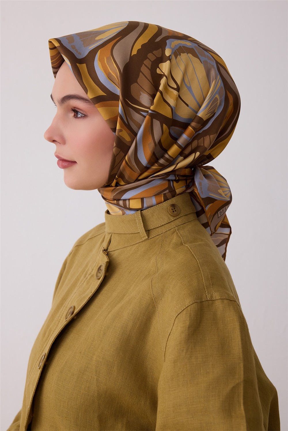 Belli Sarı Soyut Desen %100 Twill Ipek Eşarp 4417-05 görsel 2