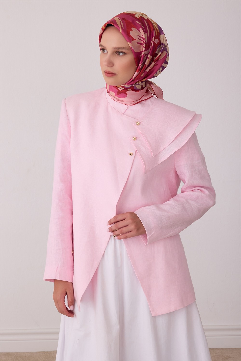 Belli Pembe Çiçek Deseni %100 Twill Ipek Eşarp 4416-54
