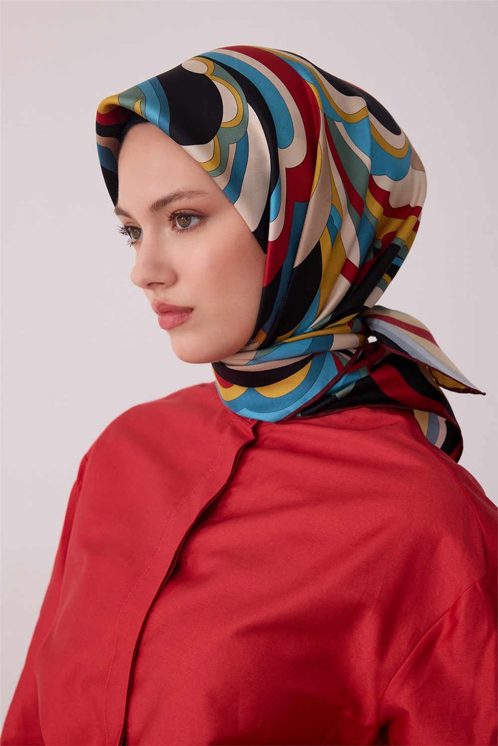 Belli Mavi Soyut Desen %100 Twill Ipek Eşarp 4414-31 görsel 2