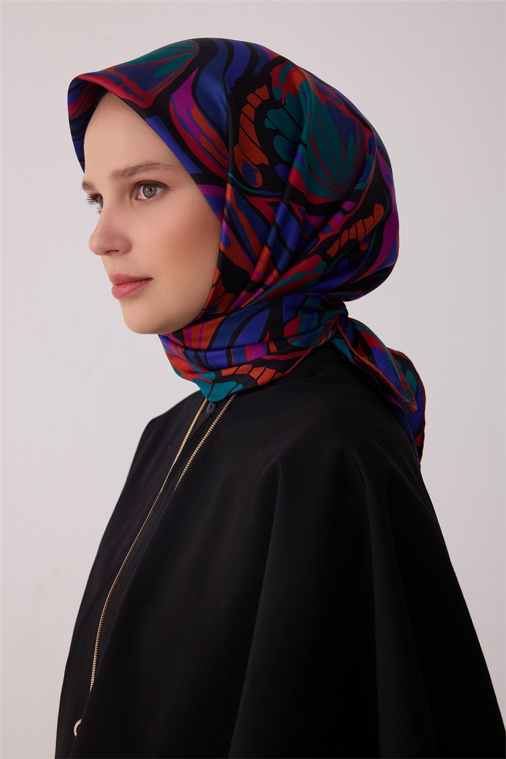 Belli Mor Soyut Desen %100 Twill Ipek Eşarp 4417-56 görsel 2