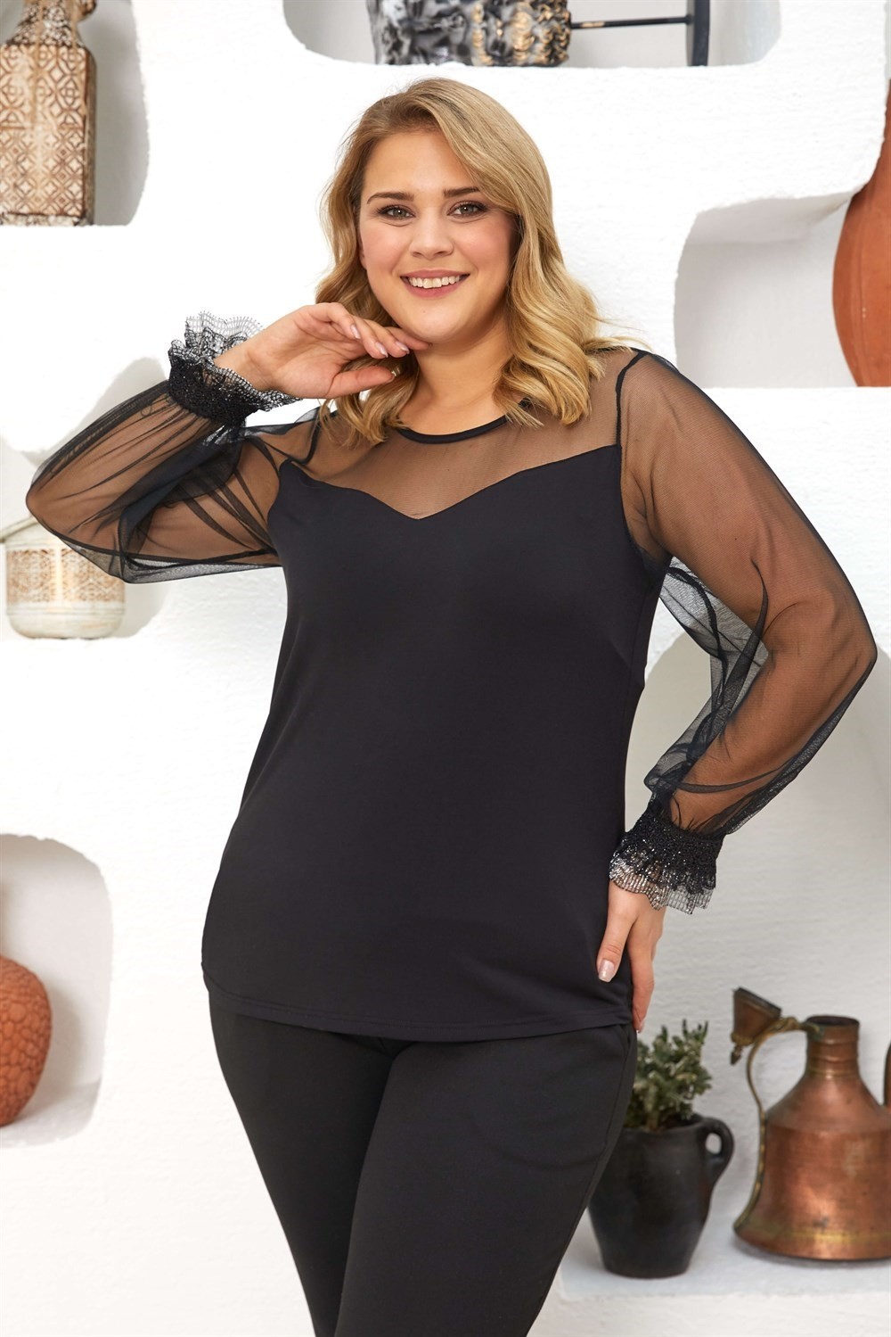 Sea Moda Tül Robalı Kolucu Fırfır Detaylı Bluz-Siyah görsel 2