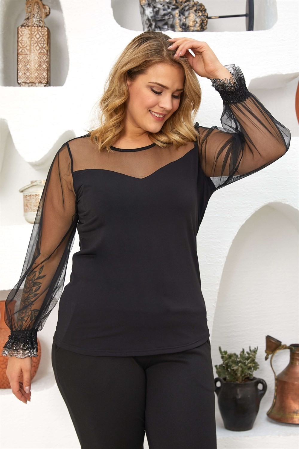 Sea Moda Tül Robalı Kolucu Fırfır Detaylı Bluz-Siyah görsel 5