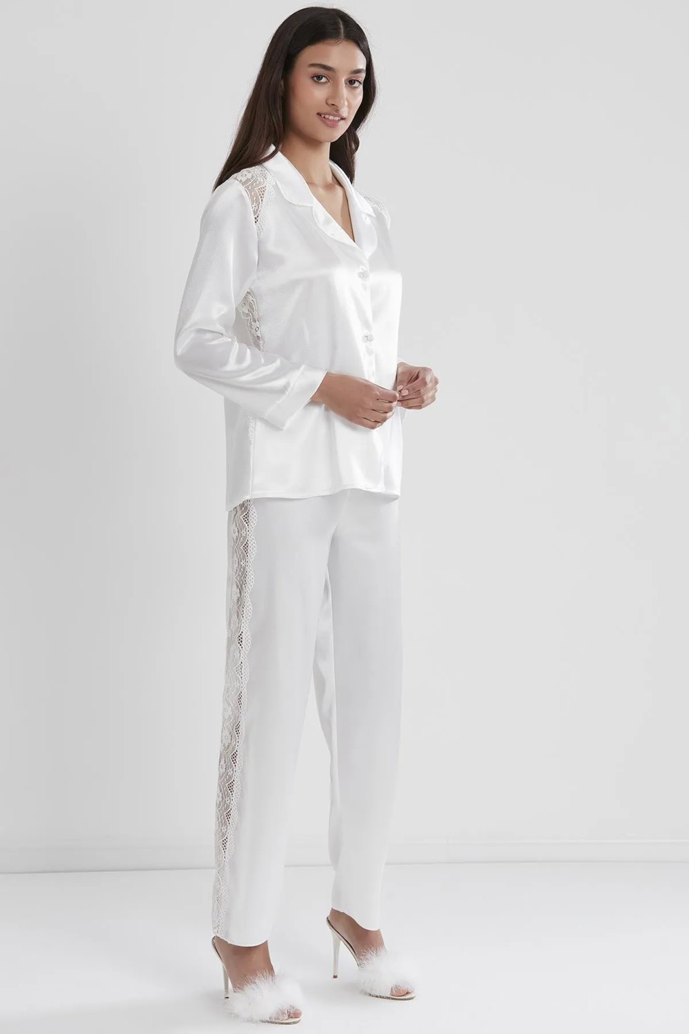 Pierre Cardin Saten Dantelli Pijama Takımı 1438 - Ekru görsel 2