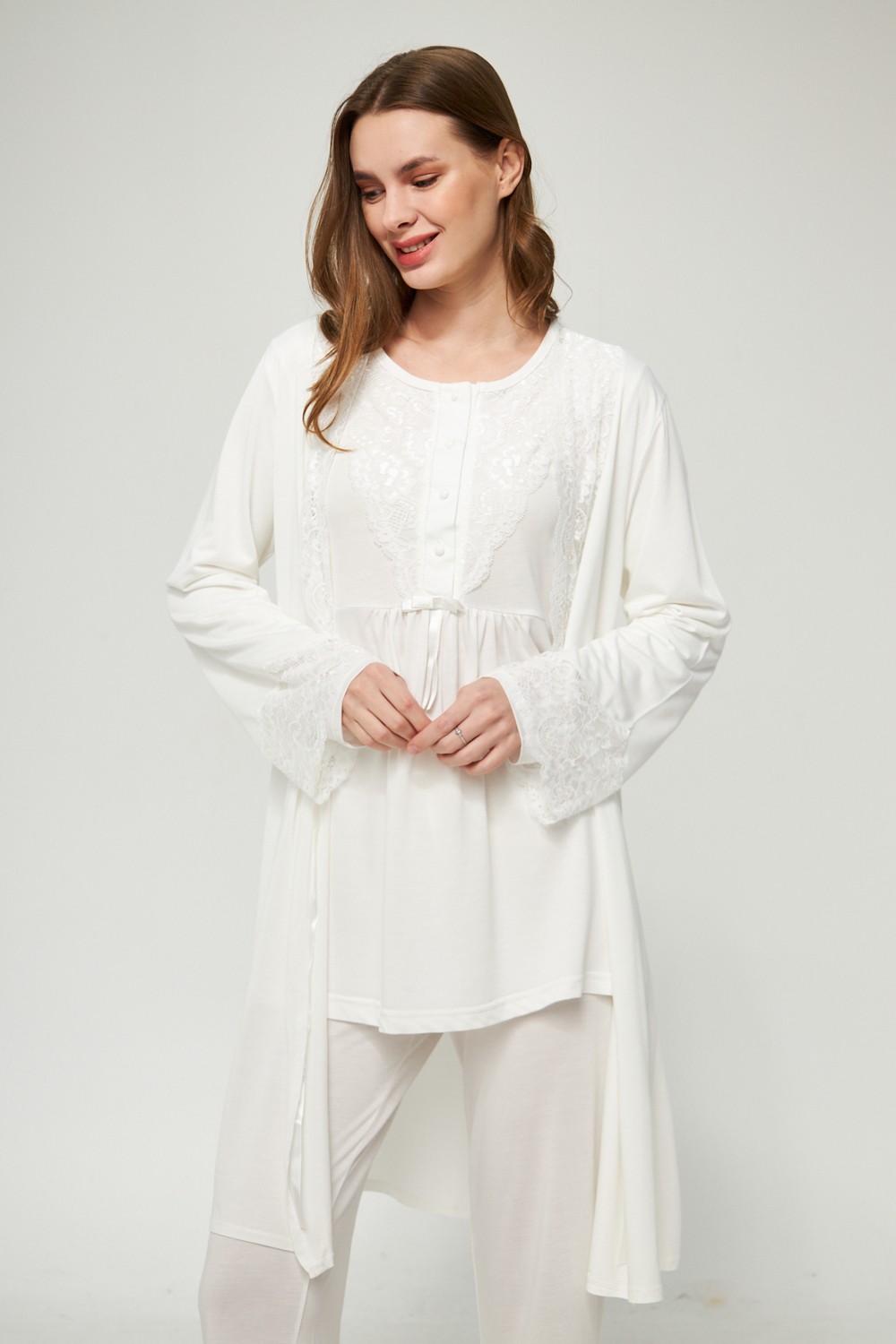 Lorian's Ekru Kadın Hamile ve Lohusa Pijama Takımı 3'lü Set