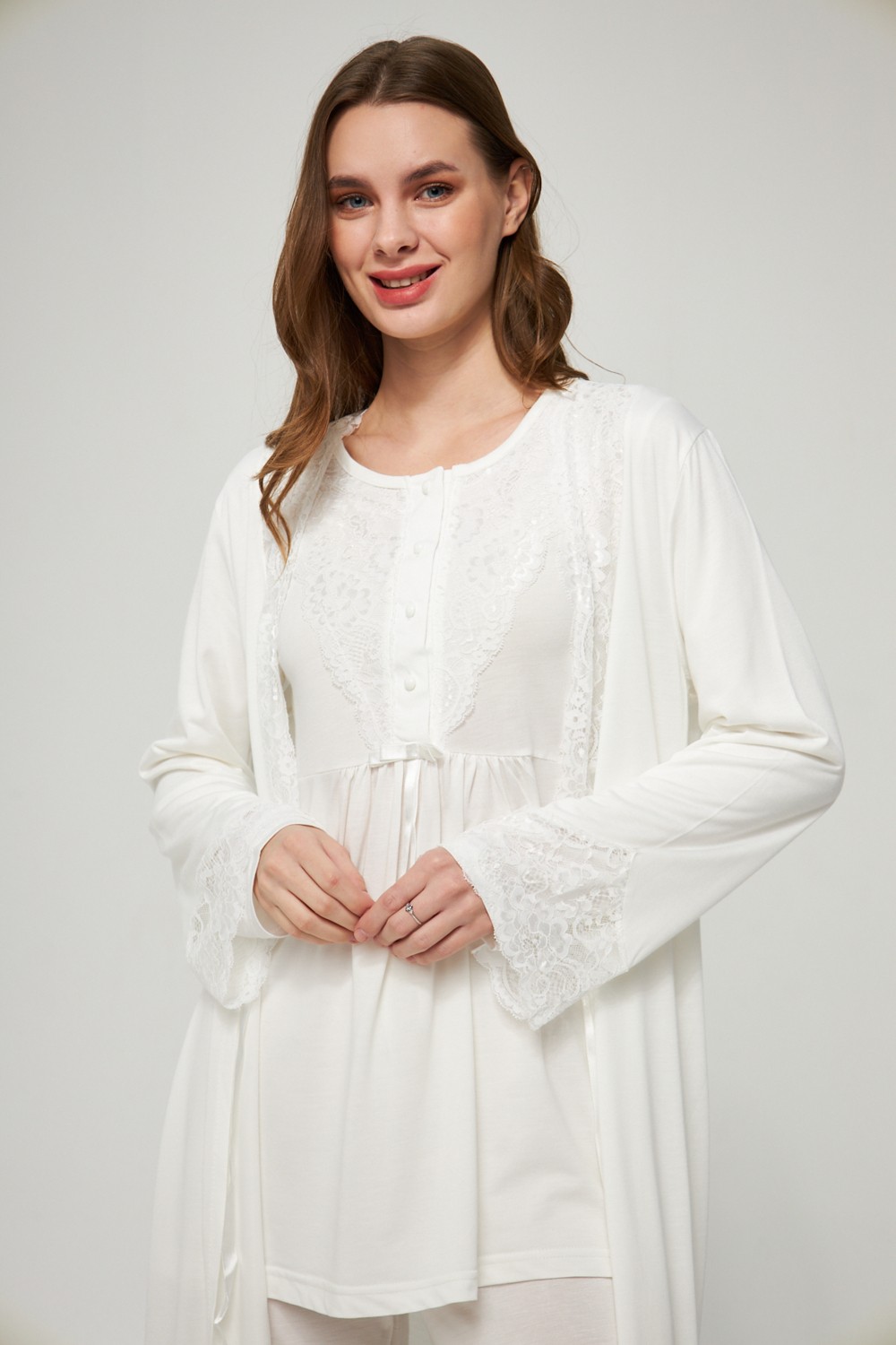 Lorian's Ekru Kadın Hamile ve Lohusa Pijama Takımı 3'lü Set görsel 2