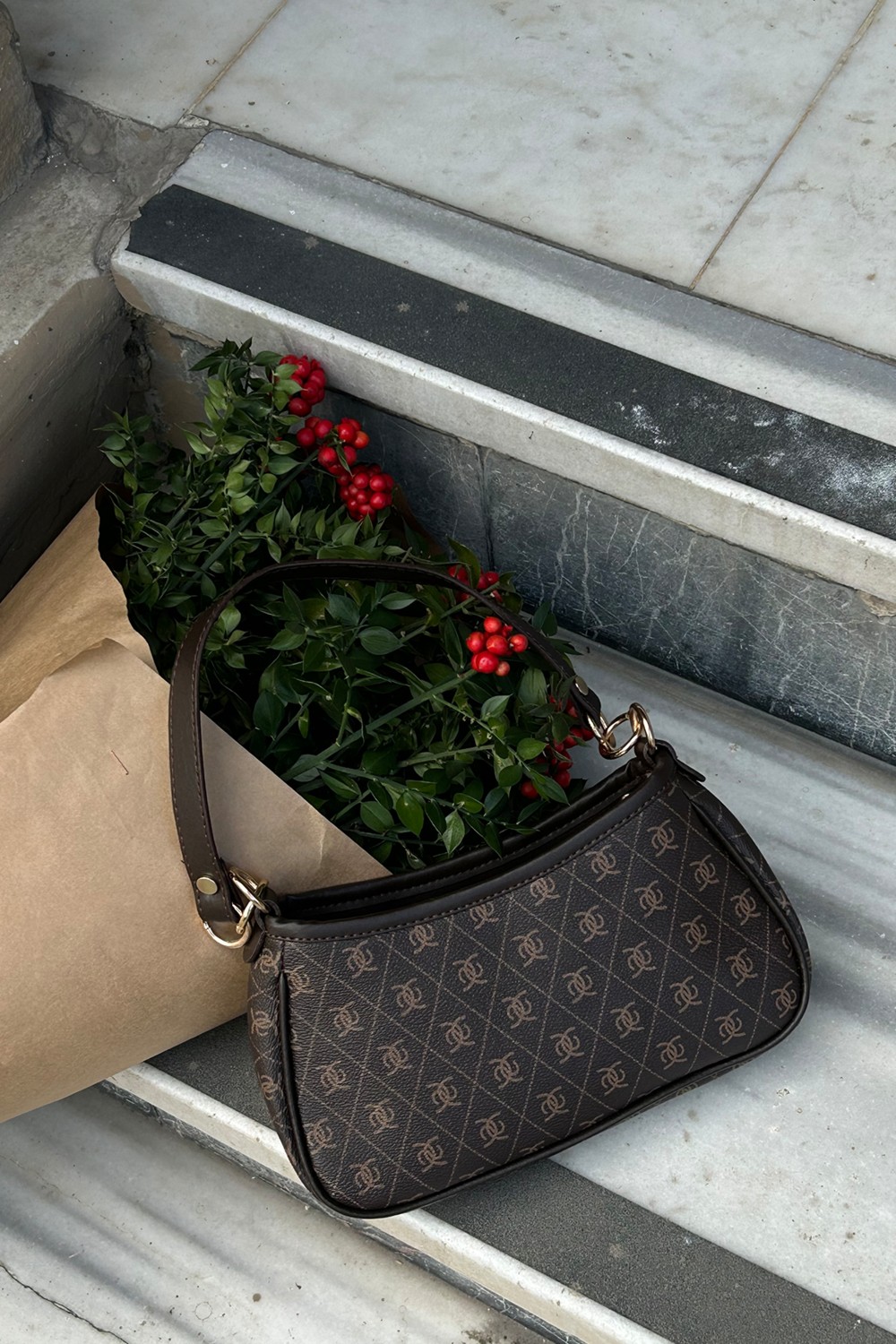 Shule Bags Farme Monogram Baget ve Çapraz Çanta Kahverengi görsel 2