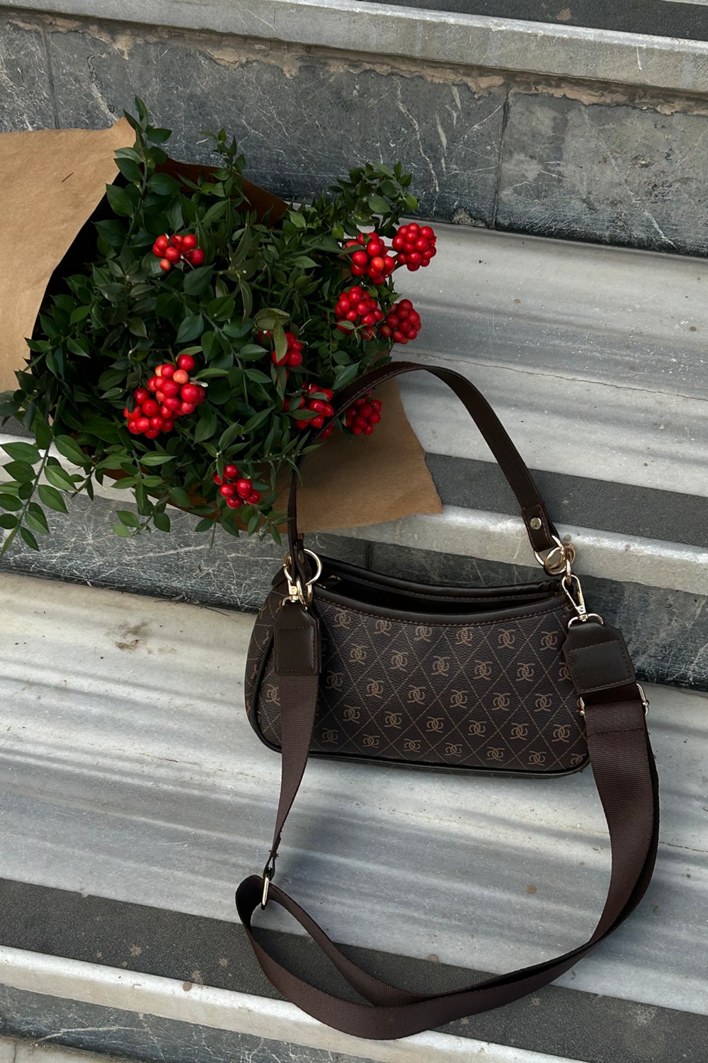 Shule Bags Farme Monogram Baget ve Çapraz Çanta Kahverengi görsel 4