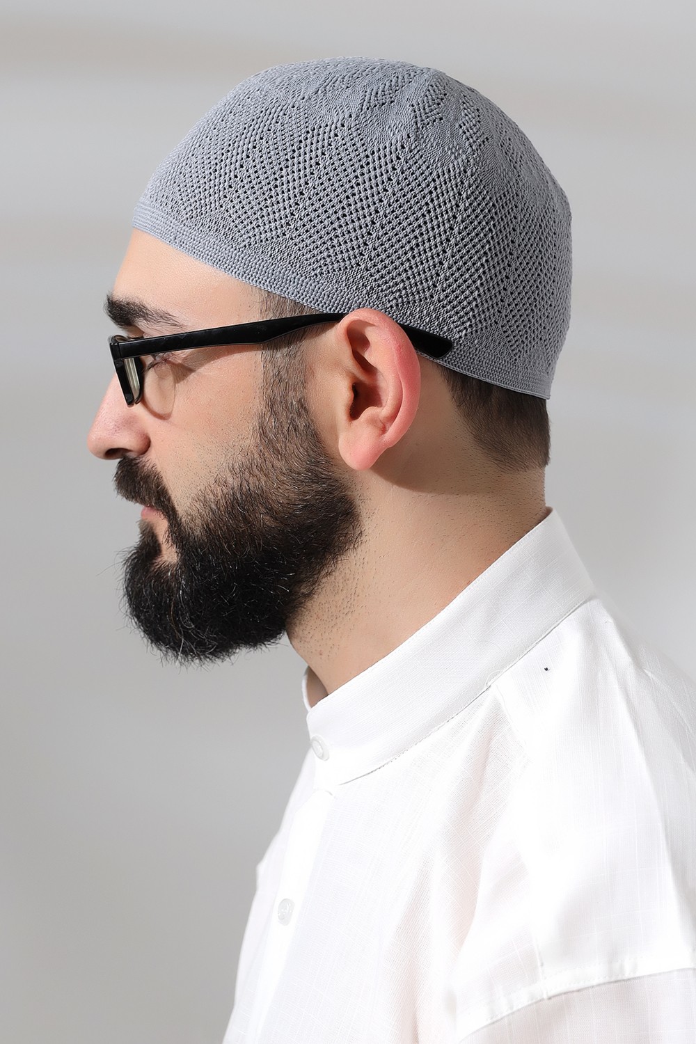 İhvan Lacivert Safir Dantel Detaylı Örme Namaz Takkesi görsel 8