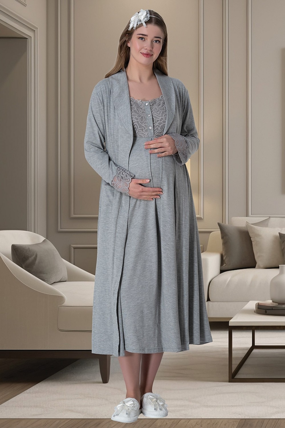 Mecit Pijama Mecit 6066 Gri Sabahlıklı Gecelik Pijama Lohusa Set