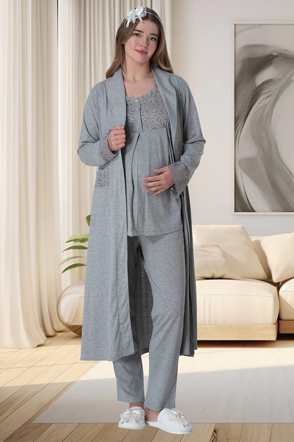 Mecit Pijama Mecit 6066 Gri Sabahlıklı Gecelik Pijama Lohusa Set görsel 2