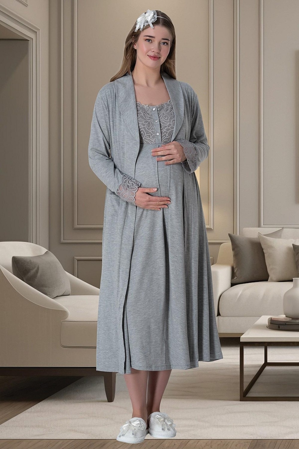 Mecit Pijama Mecit 6066 Gri Sabahlıklı Gecelik Pijama Lohusa Set görsel 3