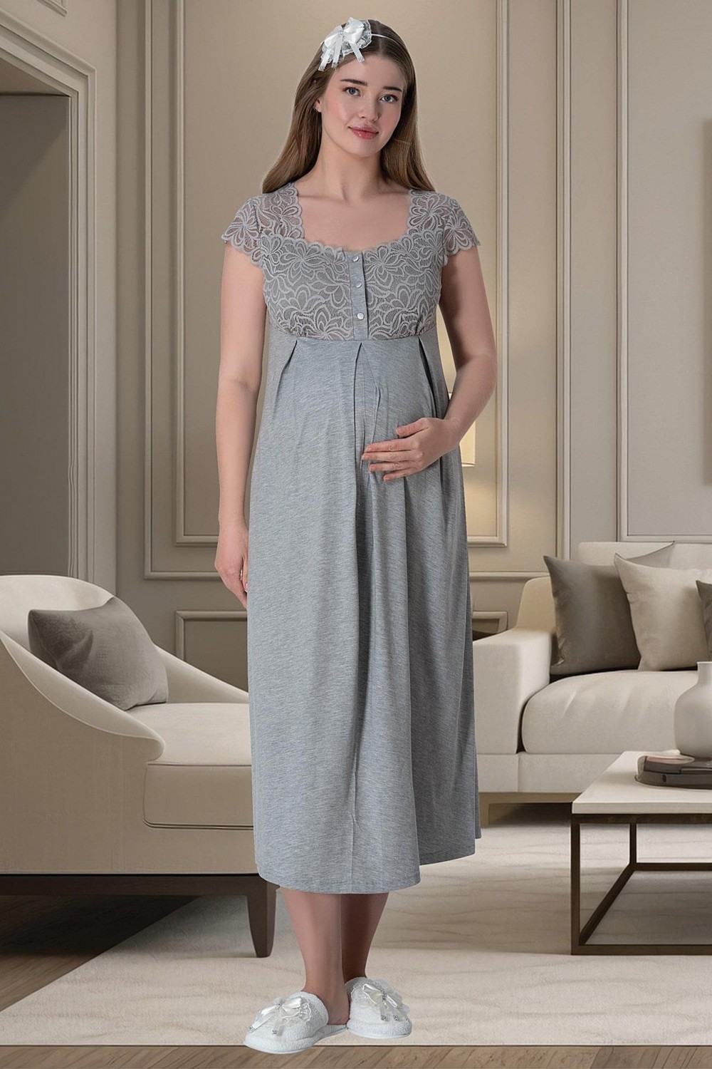 Mecit Pijama Mecit 6066 Gri Sabahlıklı Gecelik Pijama Lohusa Set görsel 4