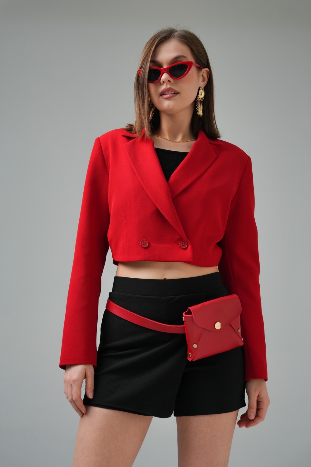 Saade Haki Kruvaze Crop Blazer Ceket Kadın %86 Polyester %14 Elastan Yumuşak Ve Rahat
