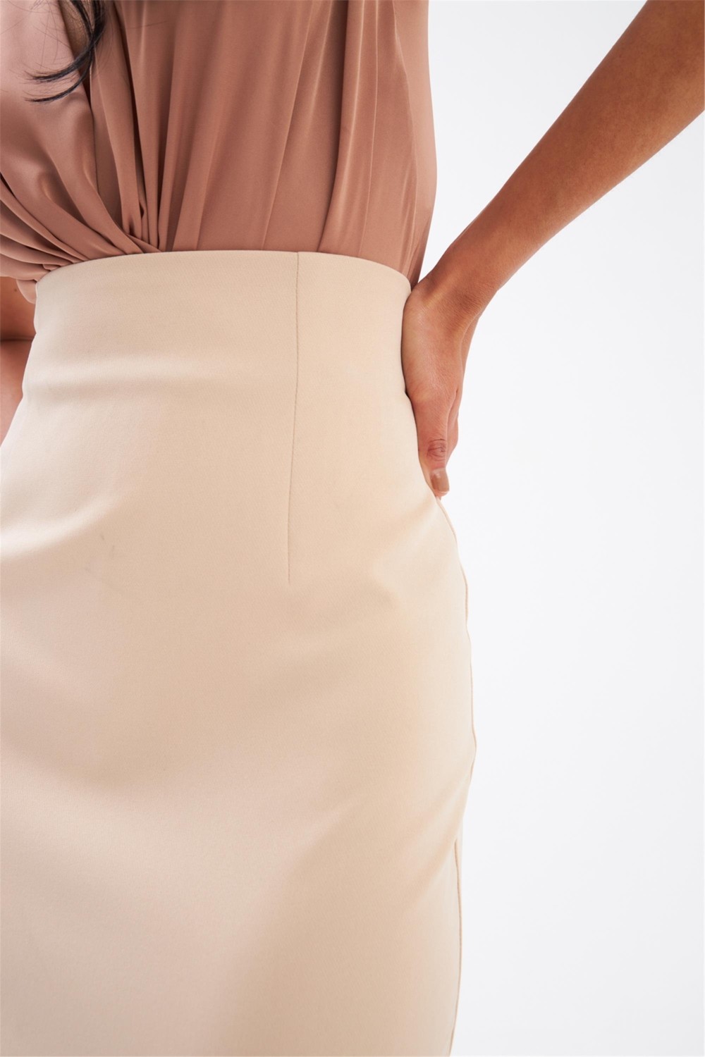 Sateen Düz Kalem Etek - Bej görsel 3