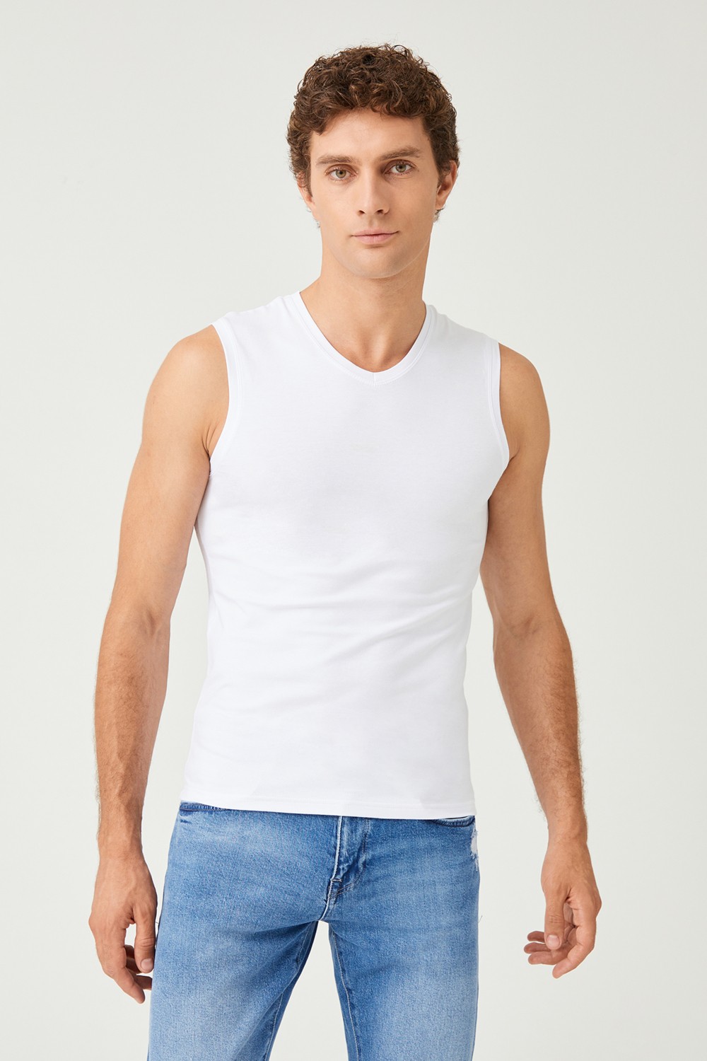 FSM 1453 Fsm1453 Erkek Pamuklu Süprem Penye Slim Fit V- Yaka Kolsuz Likralı Üst 2'li - 1015 görsel 2