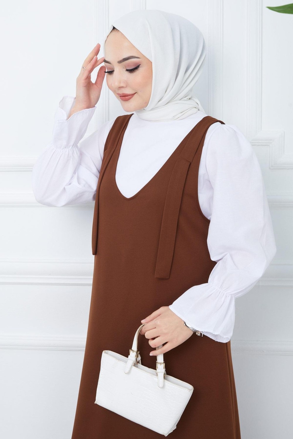 Hafsa Mina Nehir Örme Jile Elbise Kahverengi HM2389 görsel 3