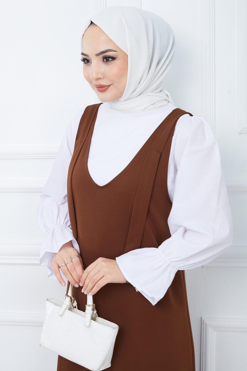 Hafsa Mina Nehir Örme Jile Elbise Kahverengi HM2389 görsel 4