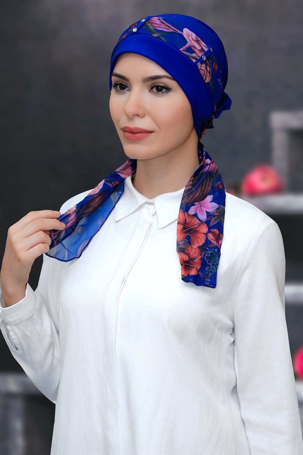 Hürrem Bone Pudra Pratik Hazır Geçmeli Tesettür Bone Sandy Kumaş Desenli Şifon Kemerli 1305D_06 görsel 2