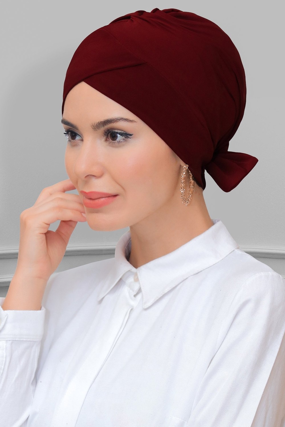 Hürrem Bone Şarabi Pratik Hazır Geçmeli Tesettür Bone Sandy Kumaş Fiyonklu Çift Taraflı Tek Çapraz 1833_08 görsel 8