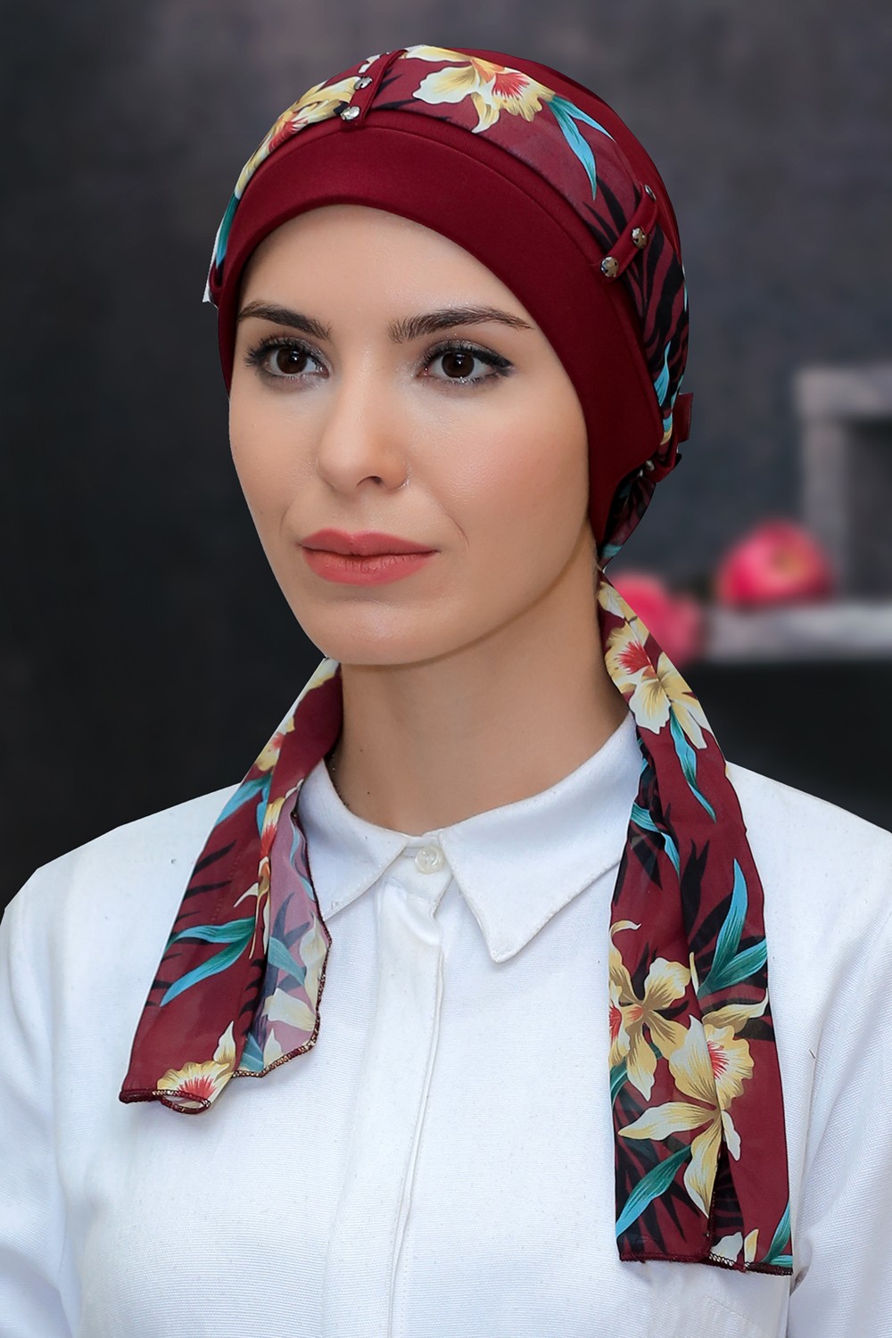 Hürrem Bone Pudra Pratik Hazır Geçmeli Tesettür Bone Sandy Kumaş Desenli Şifon Kemerli 1305D_06