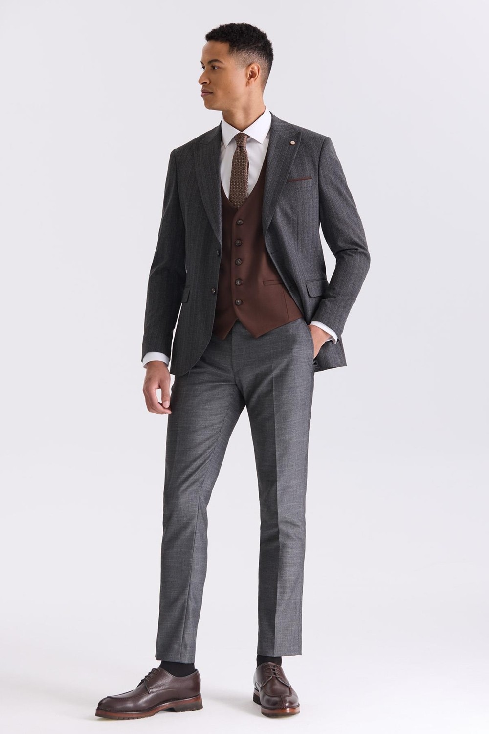 Jakamen Antrasit Slim Fit Sivri Yaka Çizgili Kombinli Yelekli Takım Elbise