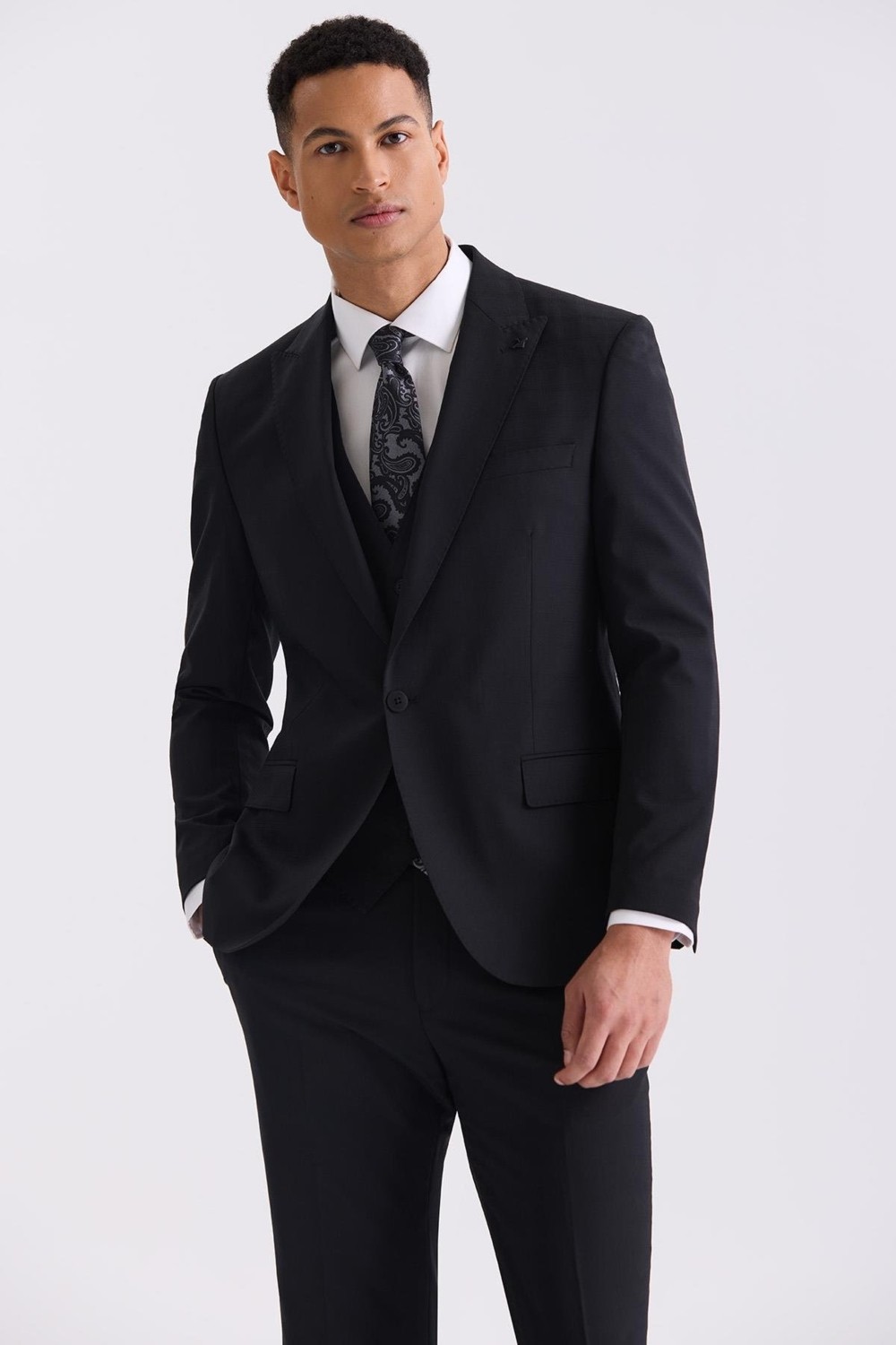 Jakamen Siyah Slim Fit Sivri Yaka Yelekli Yünlü Takım Elbise görsel 2
