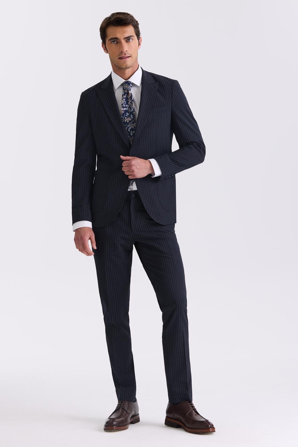Jakamen Lacivert Slim Fit Sivri Yaka Strech Çizgili Jogger Takım Elbise
