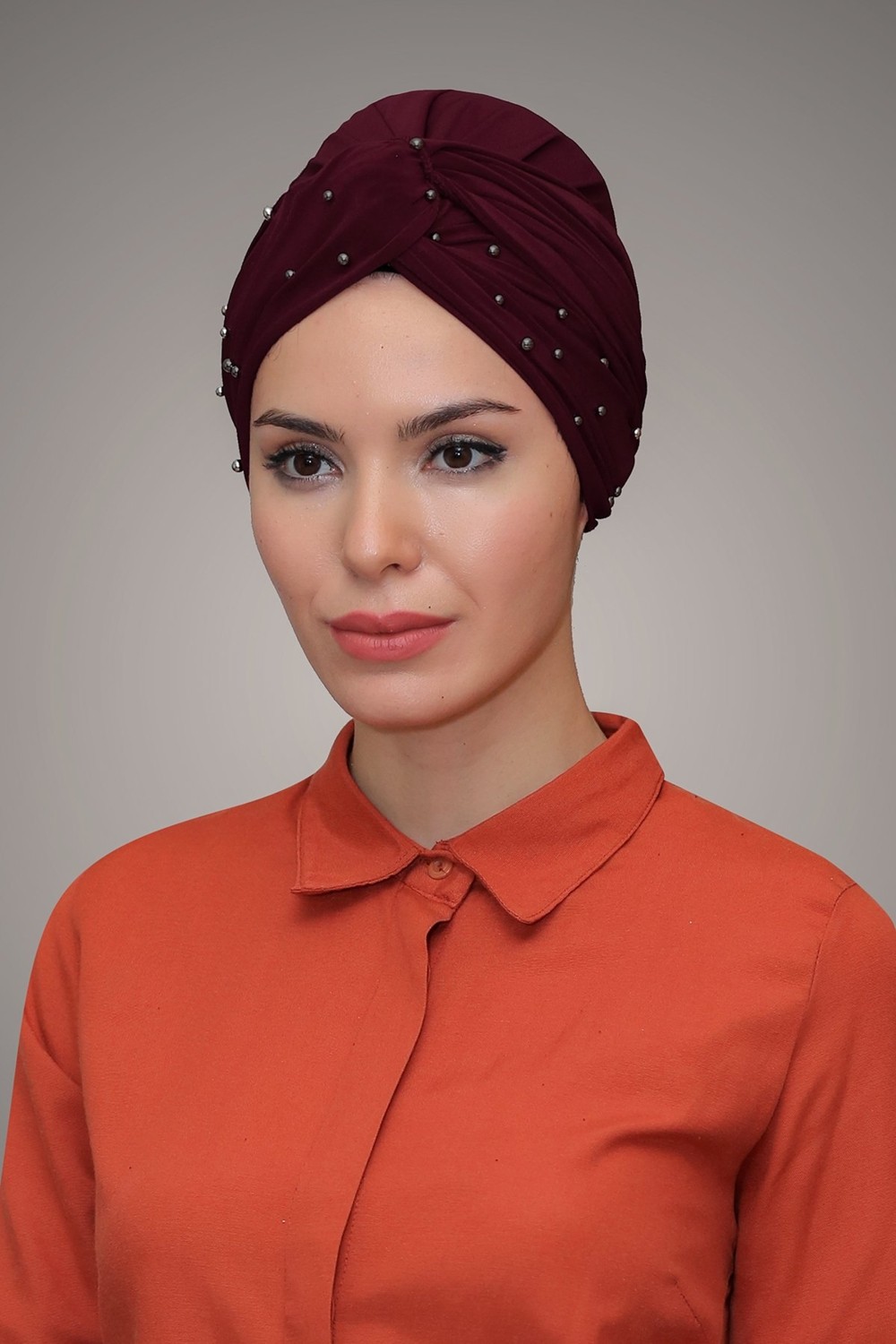 Hürrem Bone Bordo Pratik Dolama Tesettür Bone Sandy Kumaş Boncuklu 1870_16 görsel 6