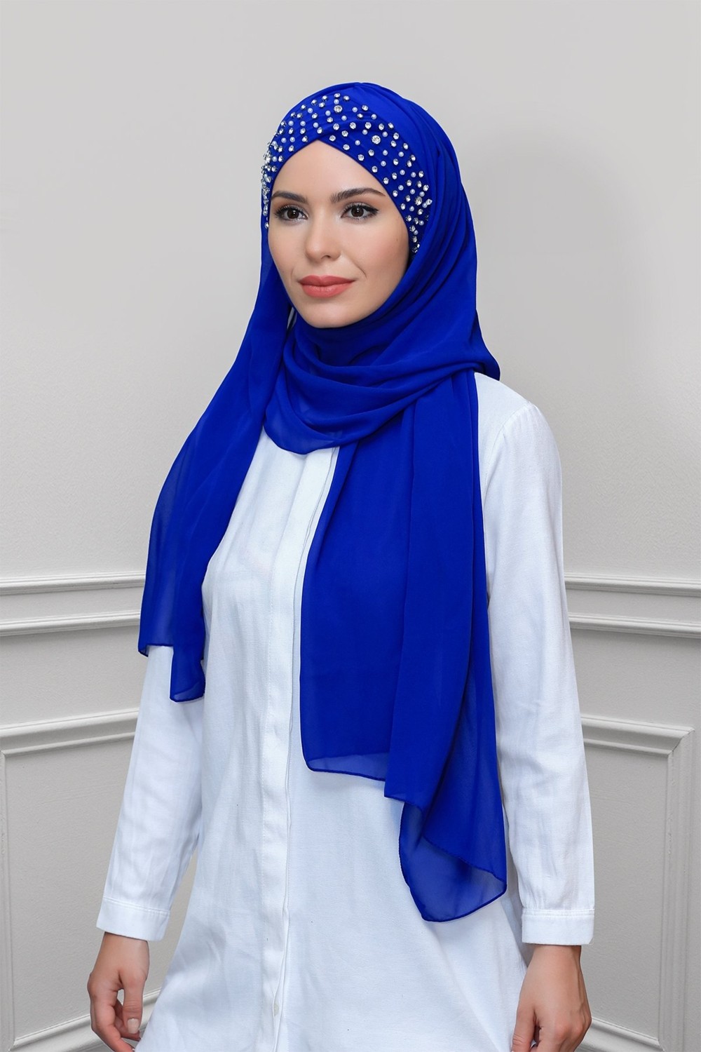 Hürrem Bone Bej Pratik Hazır Geçmeli Bone Şal Şifon Kendinden Boneli Taşlı Elişi Işlemeli 1450_12