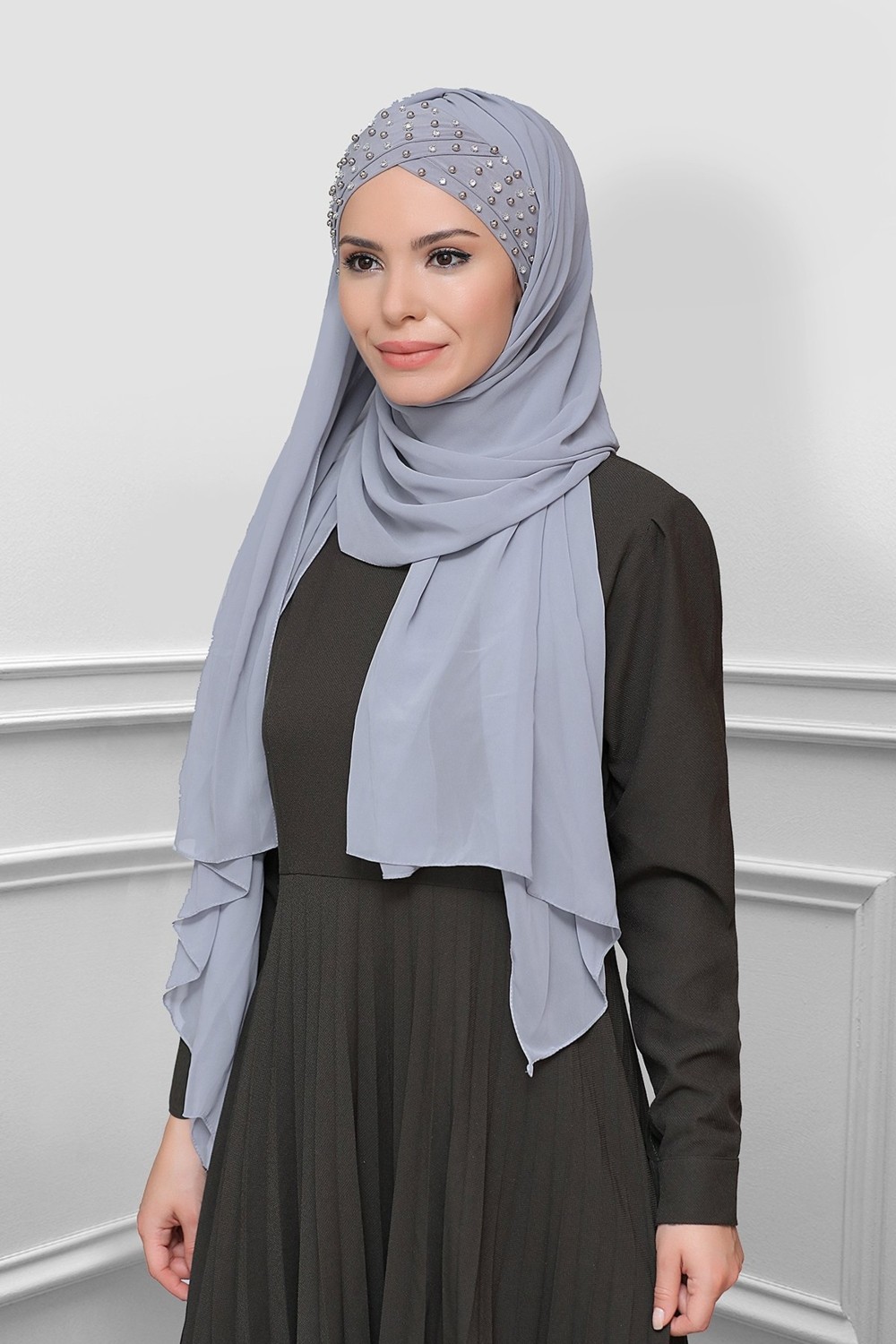 Hürrem Bone Bej Pratik Hazır Geçmeli Bone Şal Şifon Kendinden Boneli Taşlı Elişi Işlemeli 1450_12