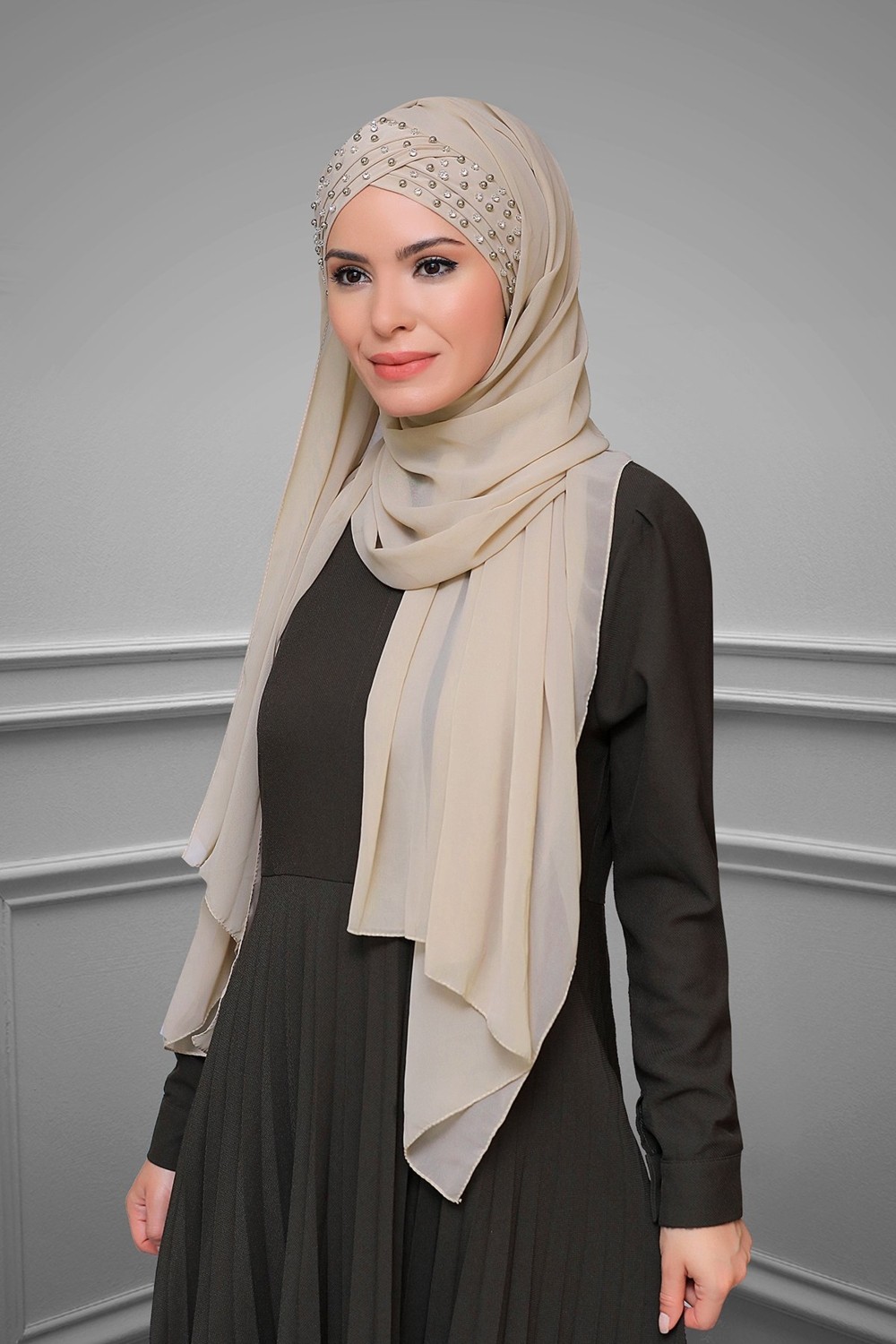 Hürrem Bone Bej Pratik Hazır Geçmeli Bone Şal Şifon Kendinden Boneli Taşlı Elişi Işlemeli 1450_12