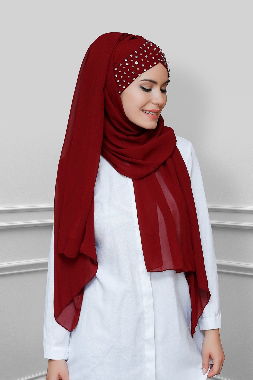 Hürrem Bone Bej Pratik Hazır Geçmeli Bone Şal Şifon Kendinden Boneli Taşlı Elişi Işlemeli 1450_12
