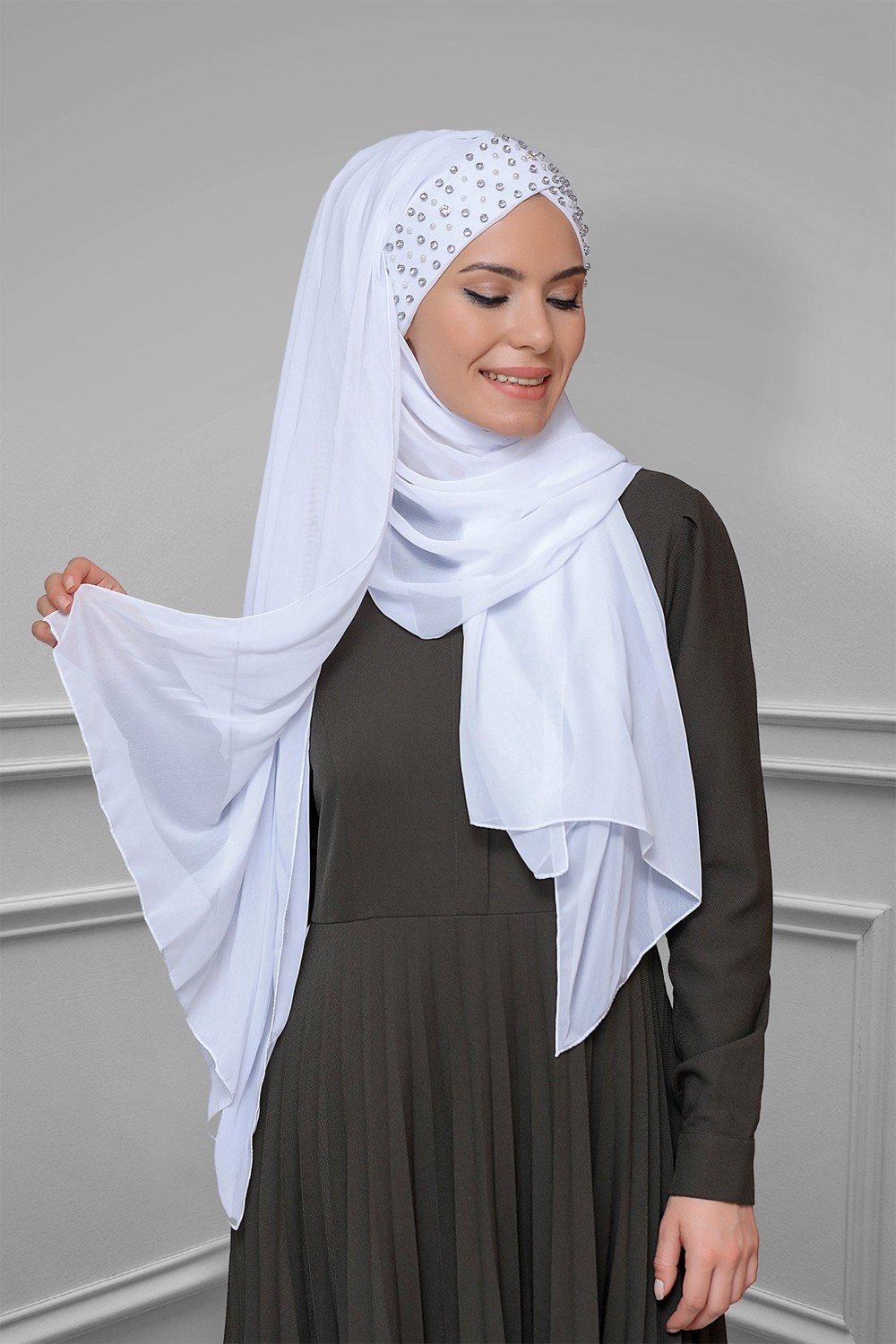 Hürrem Bone Bej Pratik Hazır Geçmeli Bone Şal Şifon Kendinden Boneli Taşlı Elişi Işlemeli 1450_12