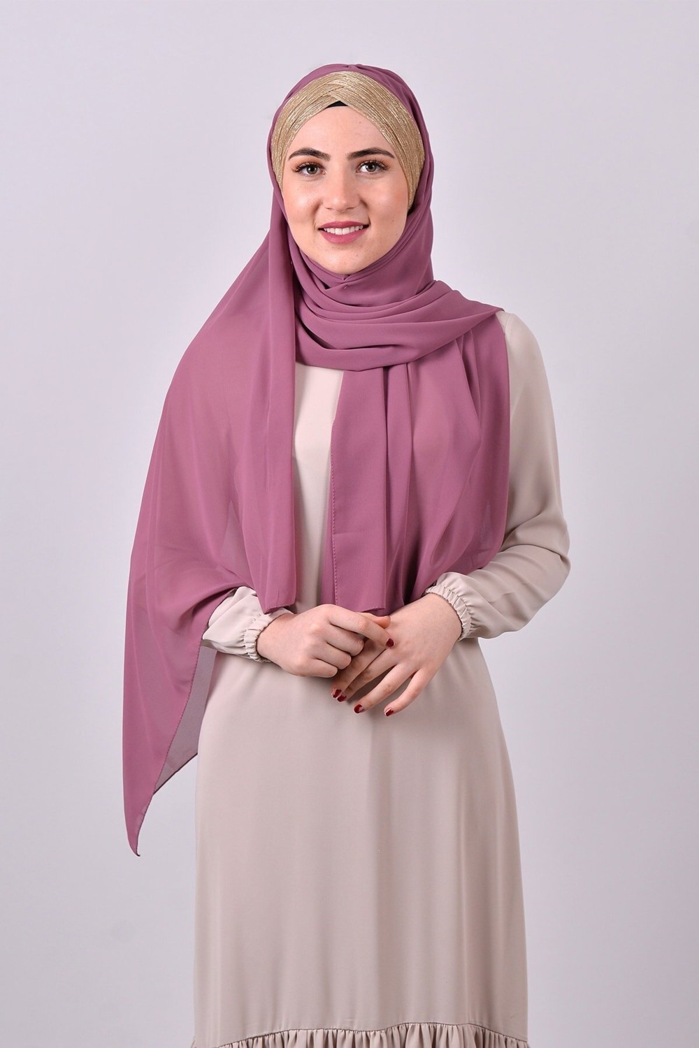Hürrem Bone Gül Kurusu-Gold Arkadan Bağlamalı Şal Şifon Üç Bantlı Simli Pileli 1835_1802 görsel 3